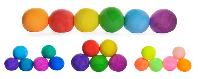 Image of Set with different colorful play dough on white background. Banner design