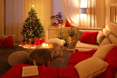 Living room with Christmas decorations. Festive interior design