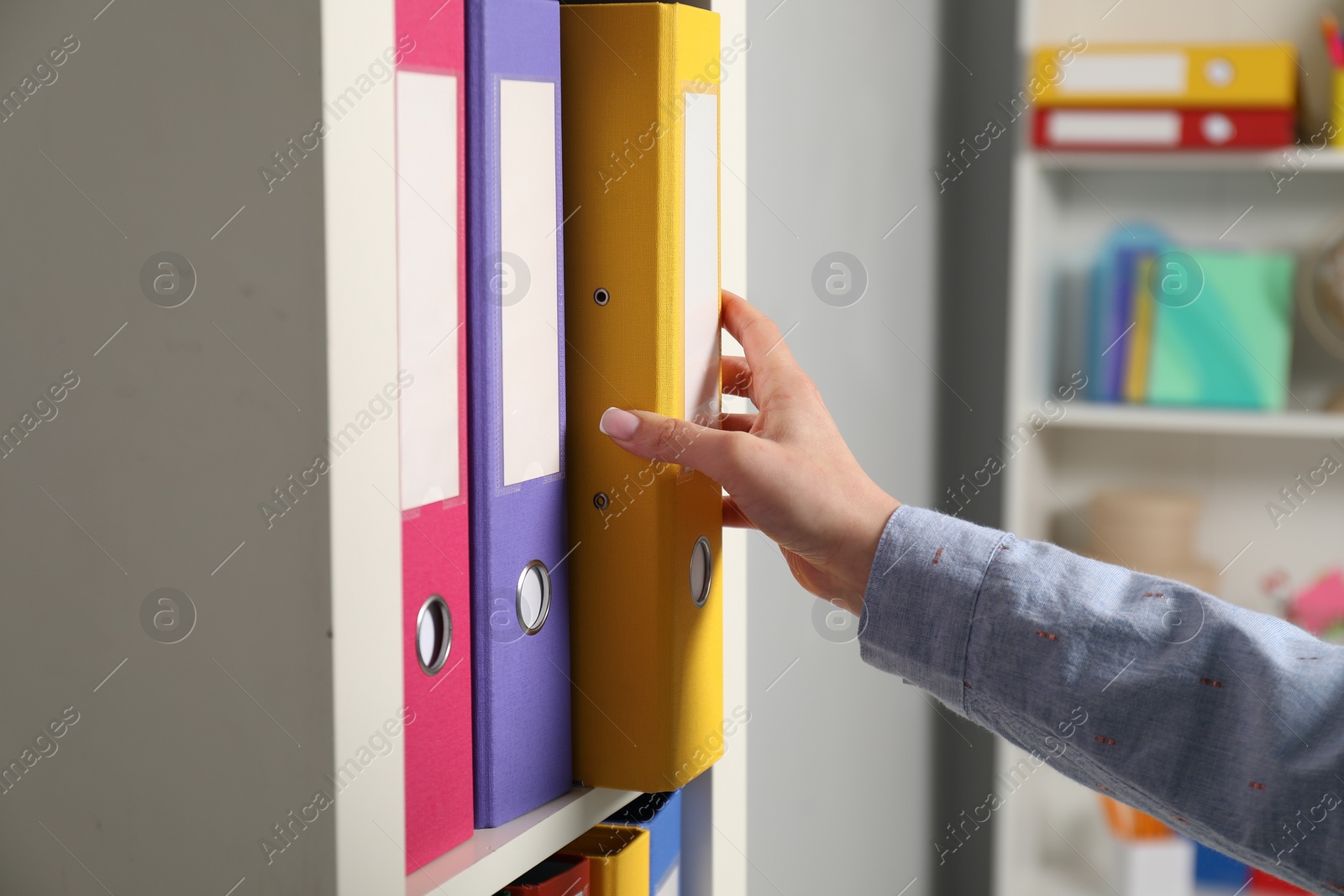 Photo of Woman taking binder office folder from shelving unit indoors, closeup