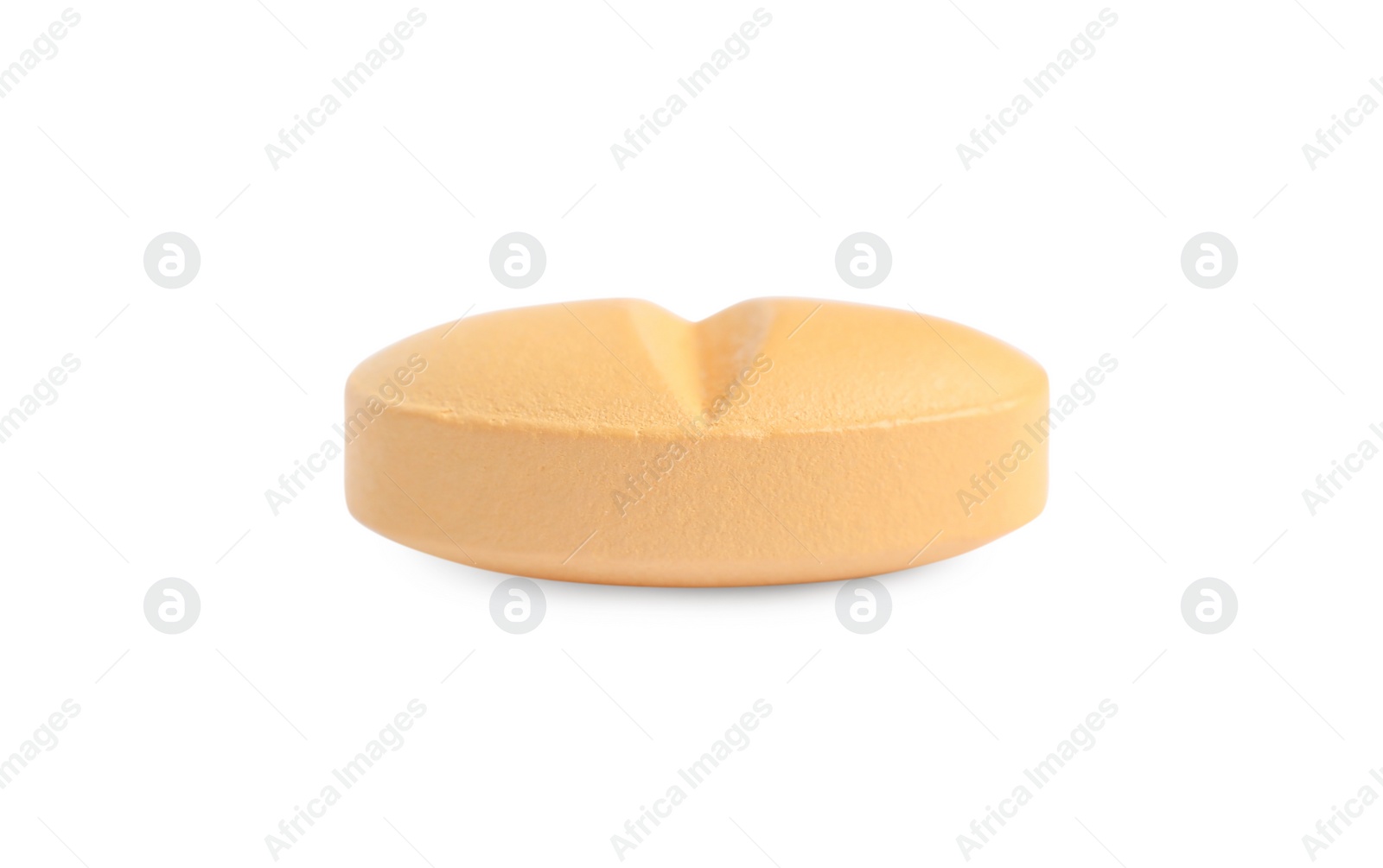Photo of One light orange pill isolated on white. Medicinal treatment