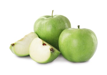 Photo of Whole and cut apples on white background