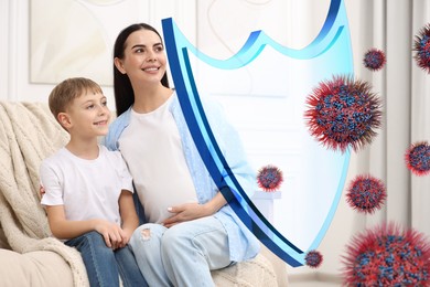 Happy mother with her son at home. Shield blocking viruses, illustration. Strong immunity concept