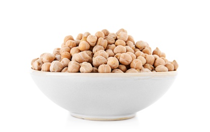 Bowl with dried peas on white background