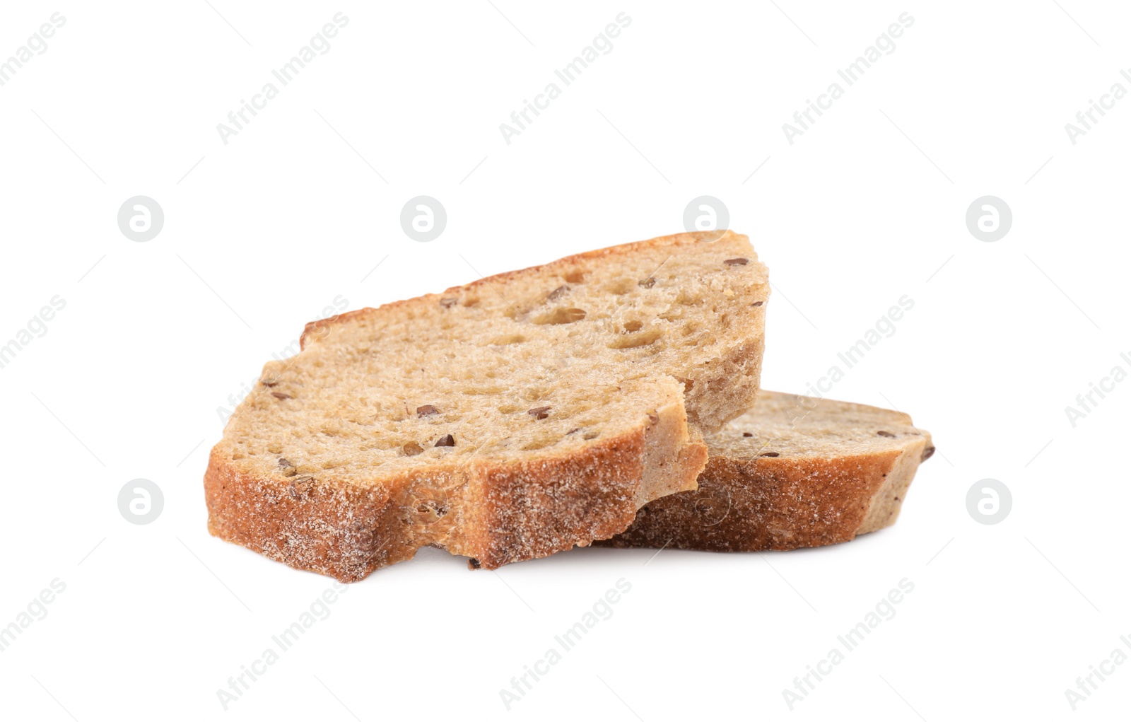 Photo of Slices of fresh buckwheat baguette on white background