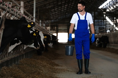 Photo of Worker with bucket in cowshed on farm. Animal husbandry