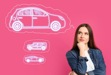 Car buying. Woman choosing auto on pink background