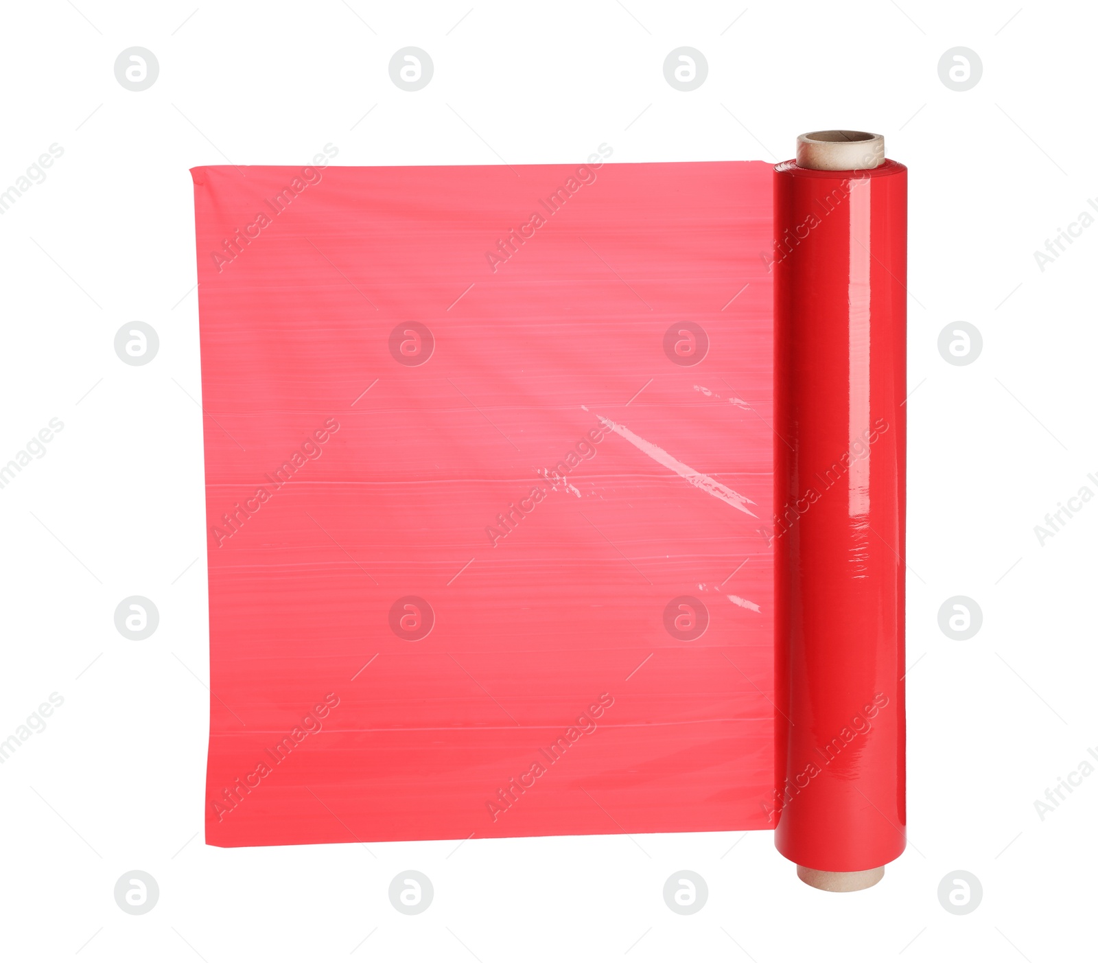 Photo of Roll of red plastic stretch wrap film isolated on white