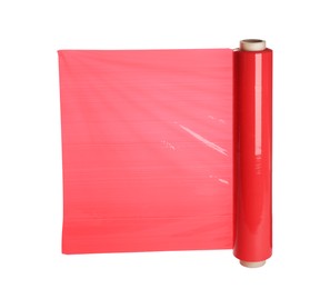 Photo of Roll of red plastic stretch wrap film isolated on white
