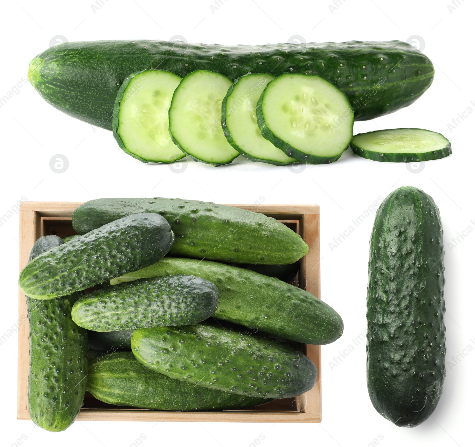 Image of Set with whole and sliced cucumbers on white background