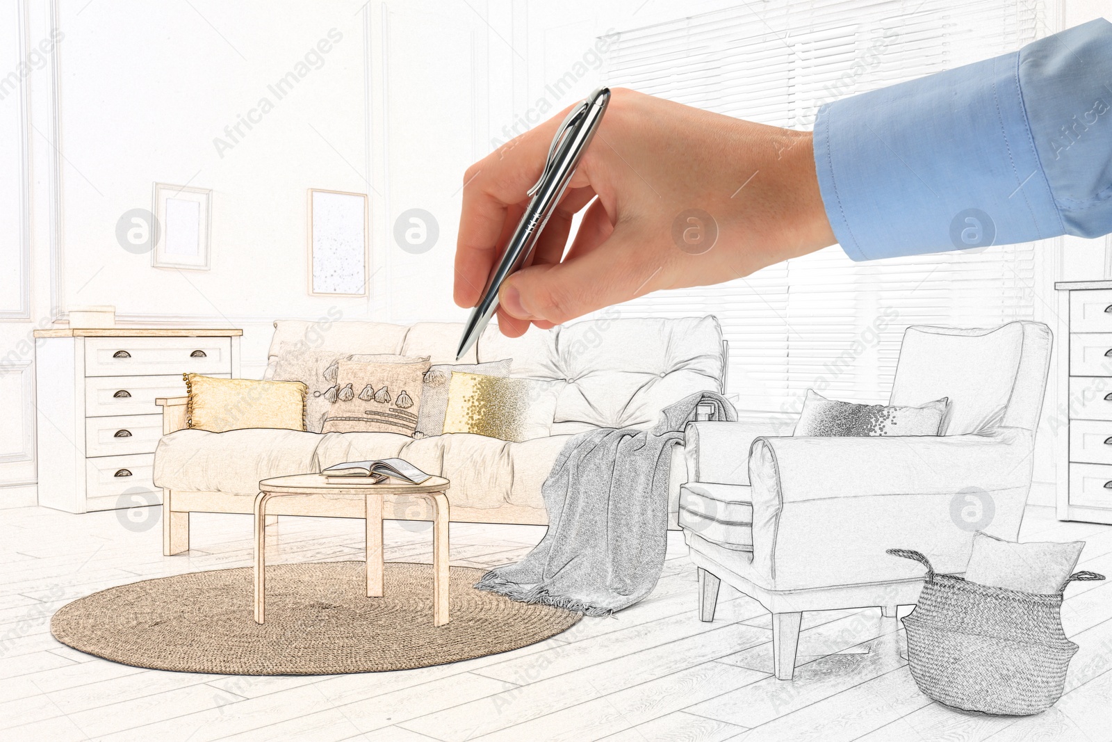 Image of Man drawing sketch of living room interior, closeup. Illustration