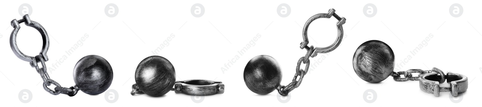 Image of Set with metal balls and chains on white background, banner design 