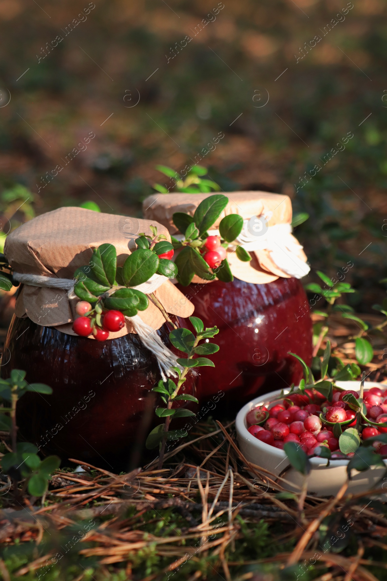 Photo of Jars of delicious lingonberry jam and red berries outdoors