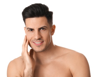 Photo of Handsome man with stubble before shaving on white background