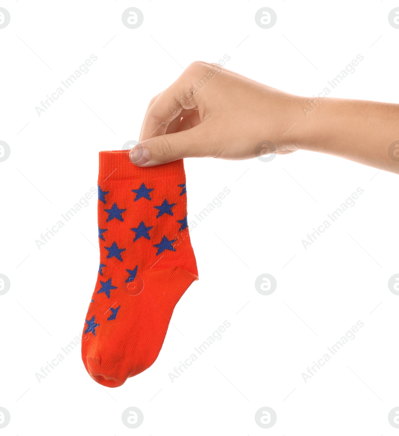 Photo of Woman holding cute child sock on white background, closeup