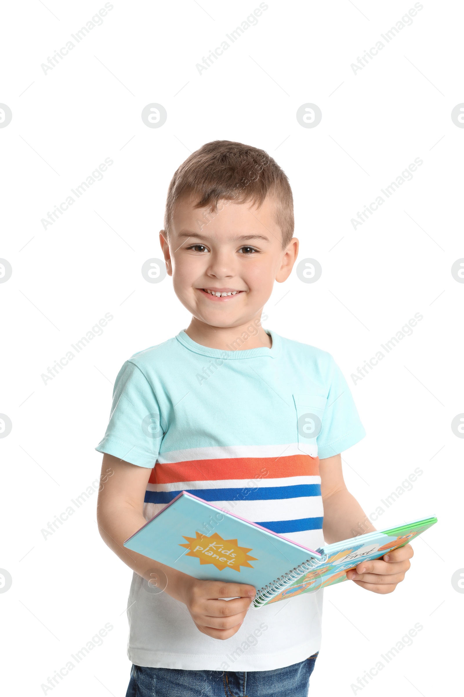 Photo of Cute little boy reading book on white background