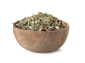 Photo of Wooden bowl of aromatic dried lemongrass isolated on white
