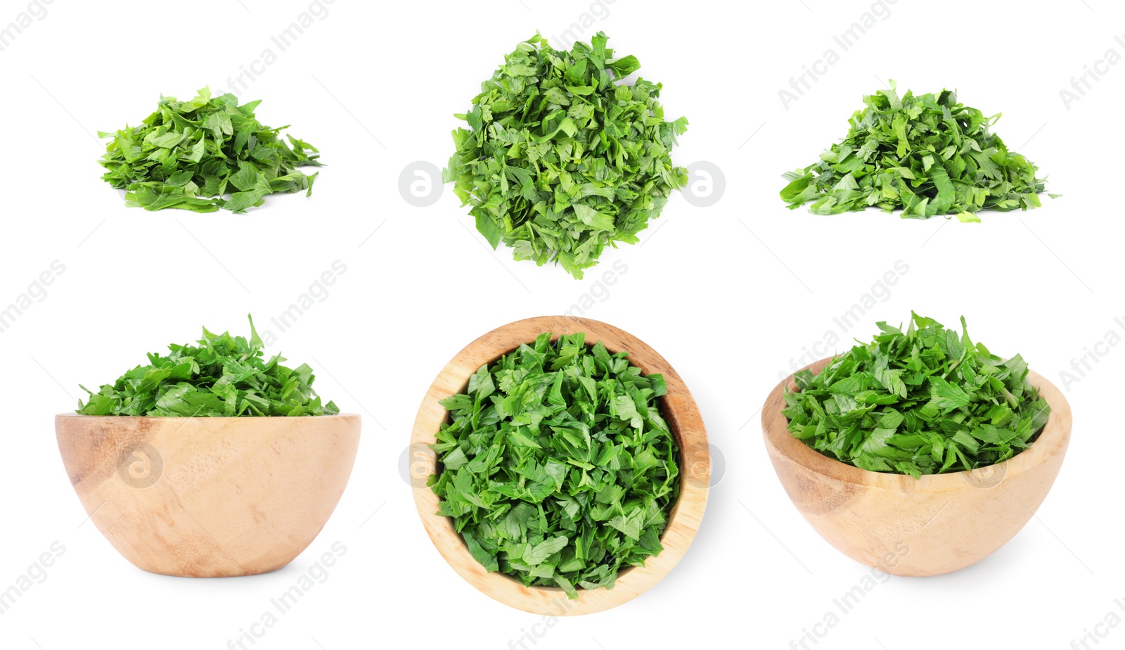 Image of Collage with cut parsley isolated on white, top and side views