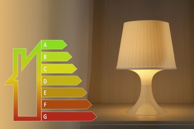 Image of Energy efficiency rating label and lamp on bedside table indoors