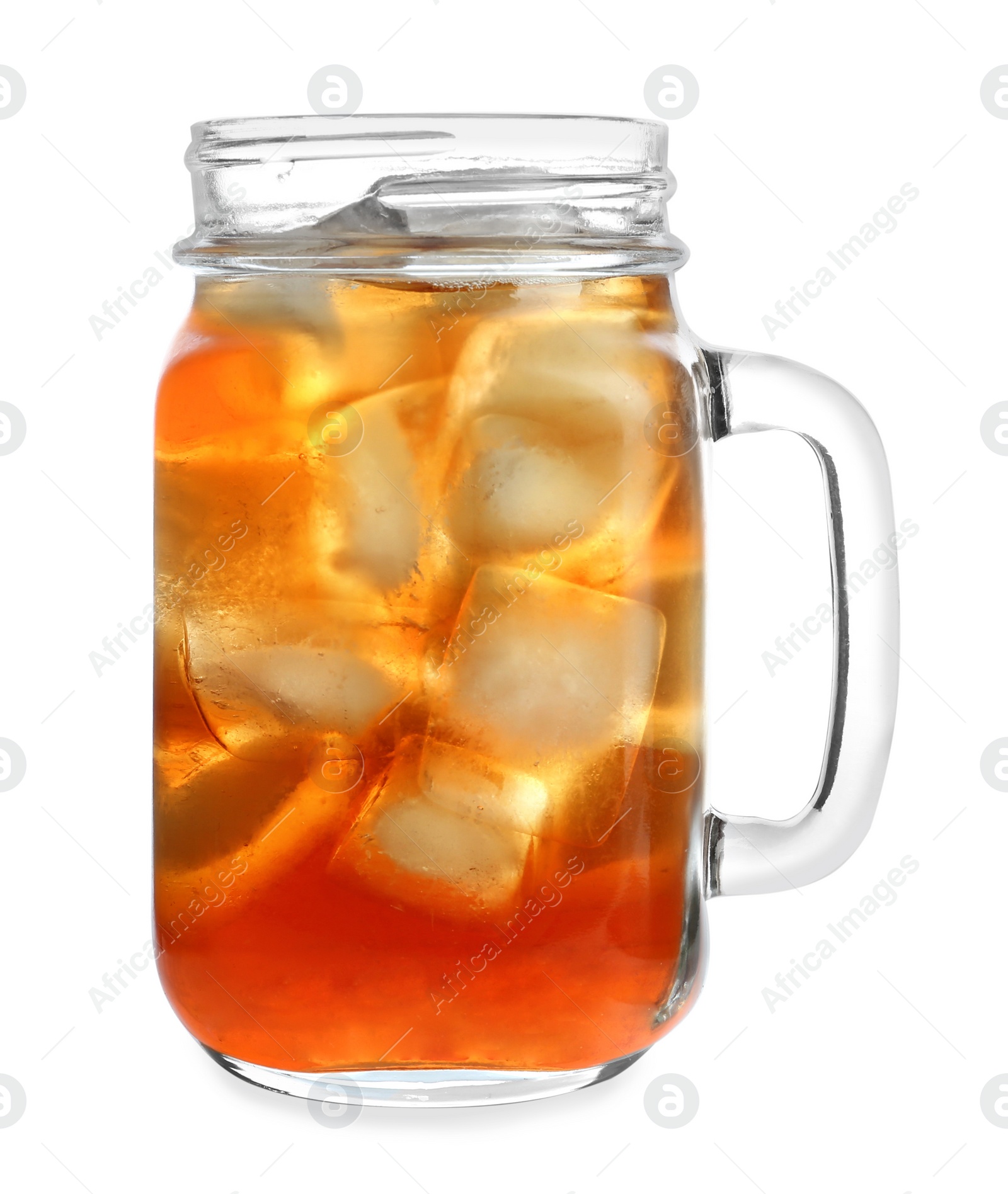 Photo of Mason jar of refreshing iced tea on white background