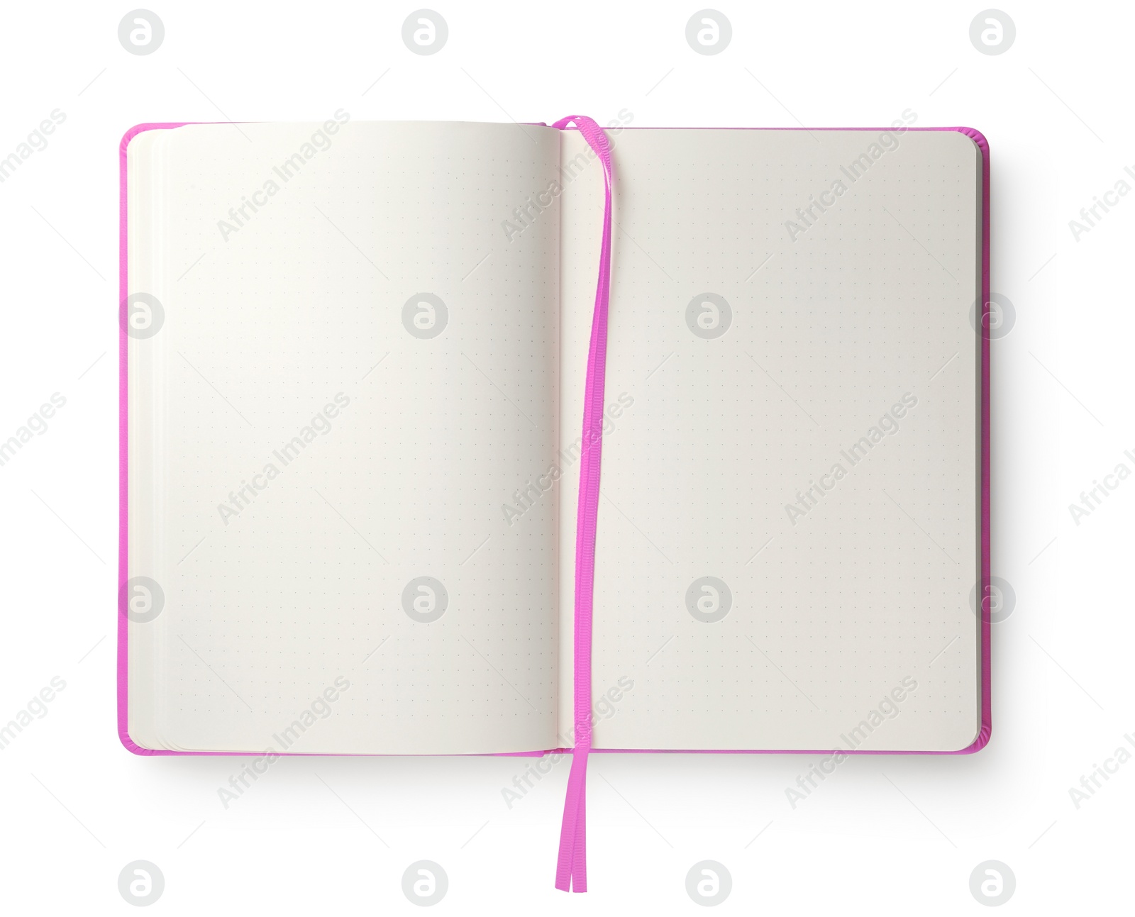 Image of Open blank pink notebook isolated on white, top view