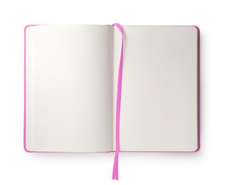 Image of Open blank pink notebook isolated on white, top view