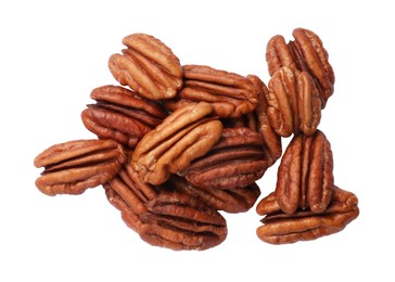 Photo of Tasty pecan nuts isolated on white, top view