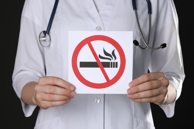 Photo of Doctor holding card with no smoking sign on black background, closeup