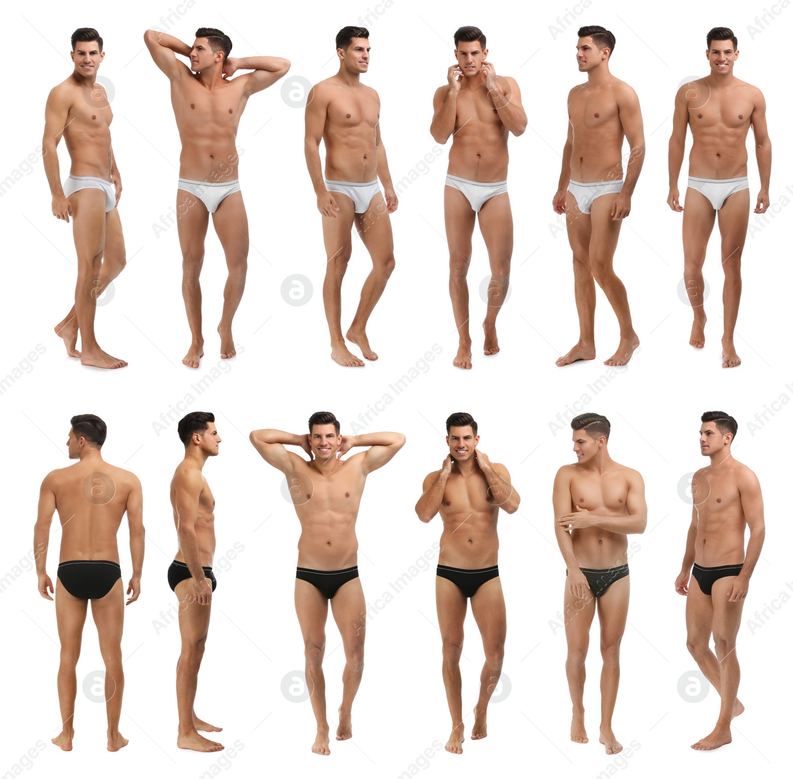 Image of Collage of man in underwear on white background