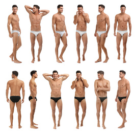 Collage of man in underwear on white background