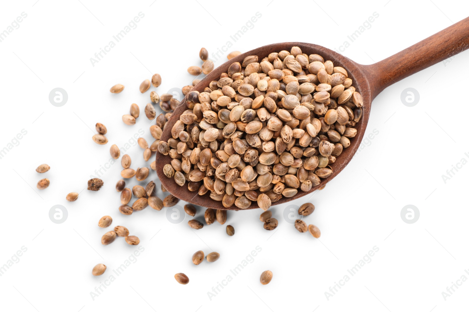 Photo of Wooden spoon with hemp seeds on white background, top view