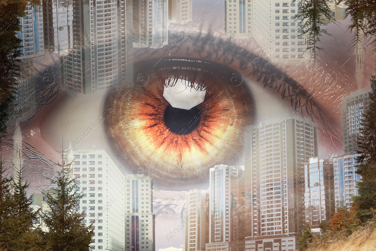 Image of Double exposure of cityscape and woman with beautiful eye, closeup