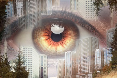 Double exposure of cityscape and woman with beautiful eye, closeup