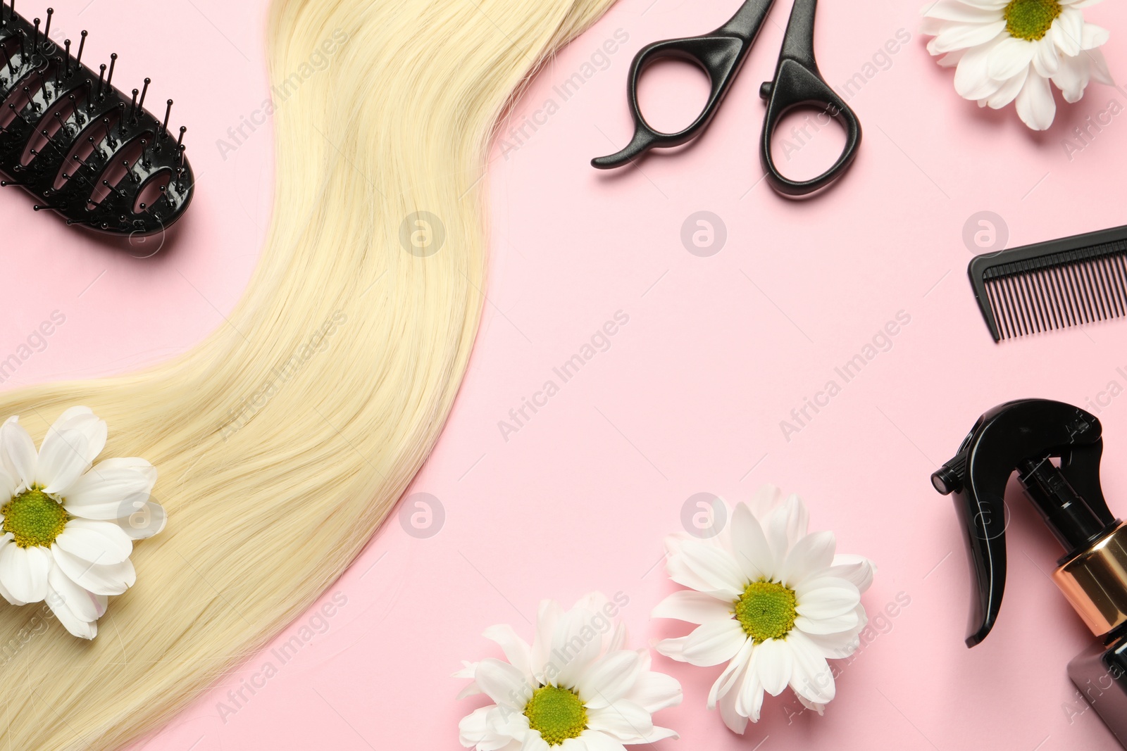 Photo of Flat lay composition with different hairdresser tools and flowers on pink background, space for text