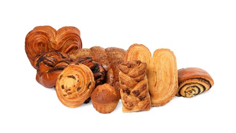 Many different tasty pastries isolated on white