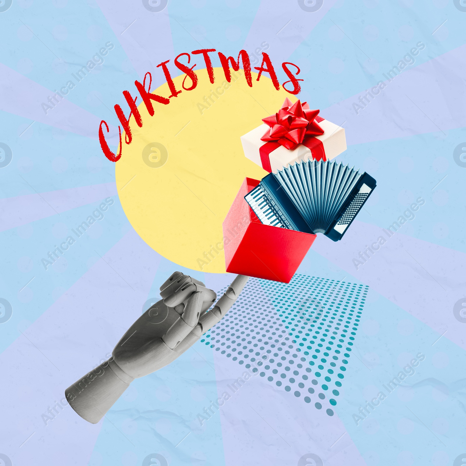 Image of Christmas art collage. Mannequin hand touching gift box with piano accordion on color background