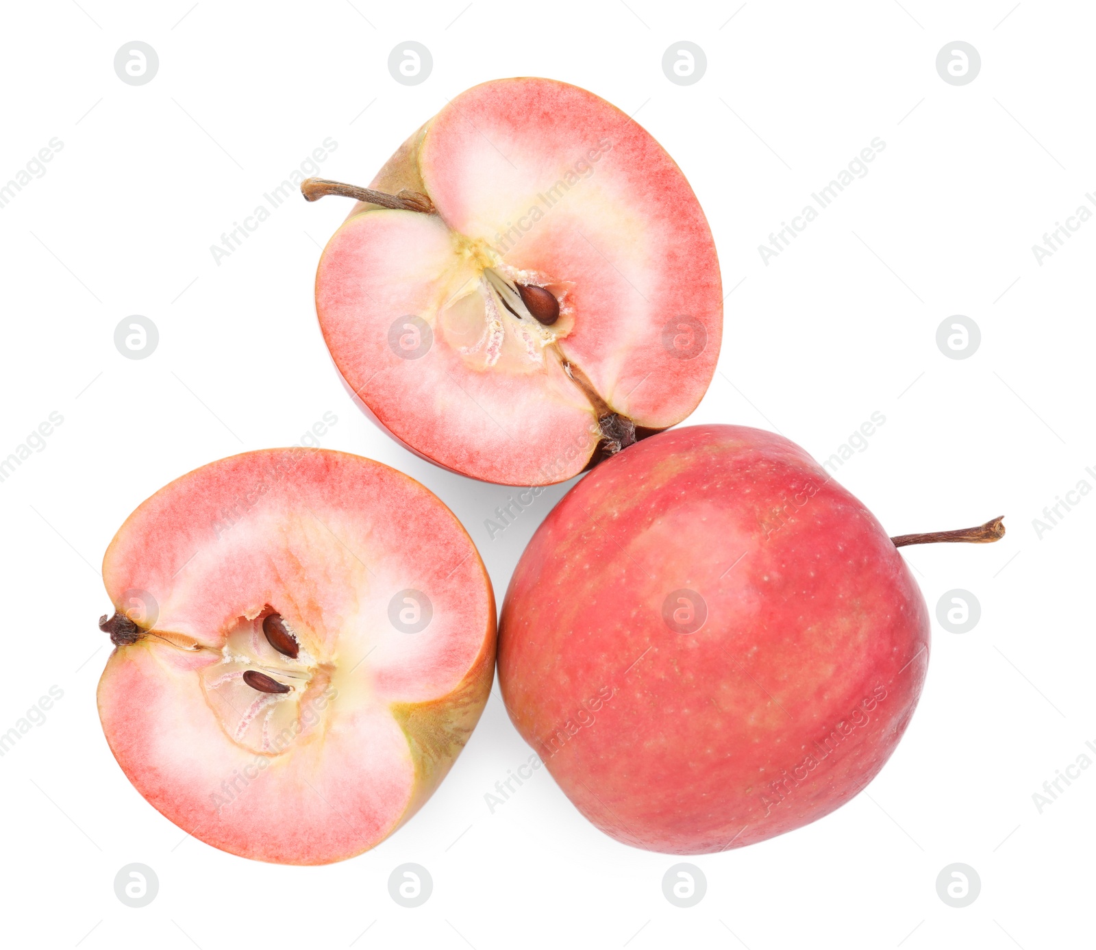 Photo of Tasty apples with red pulp isolated on white, top view