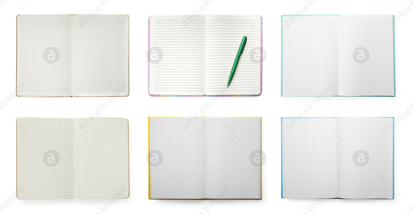 Image of Set of open planners with blank pages on white background, top view