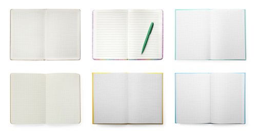Image of Set of open planners with blank pages on white background, top view