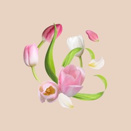 Image of Beautiful spring tulips flying on beige background