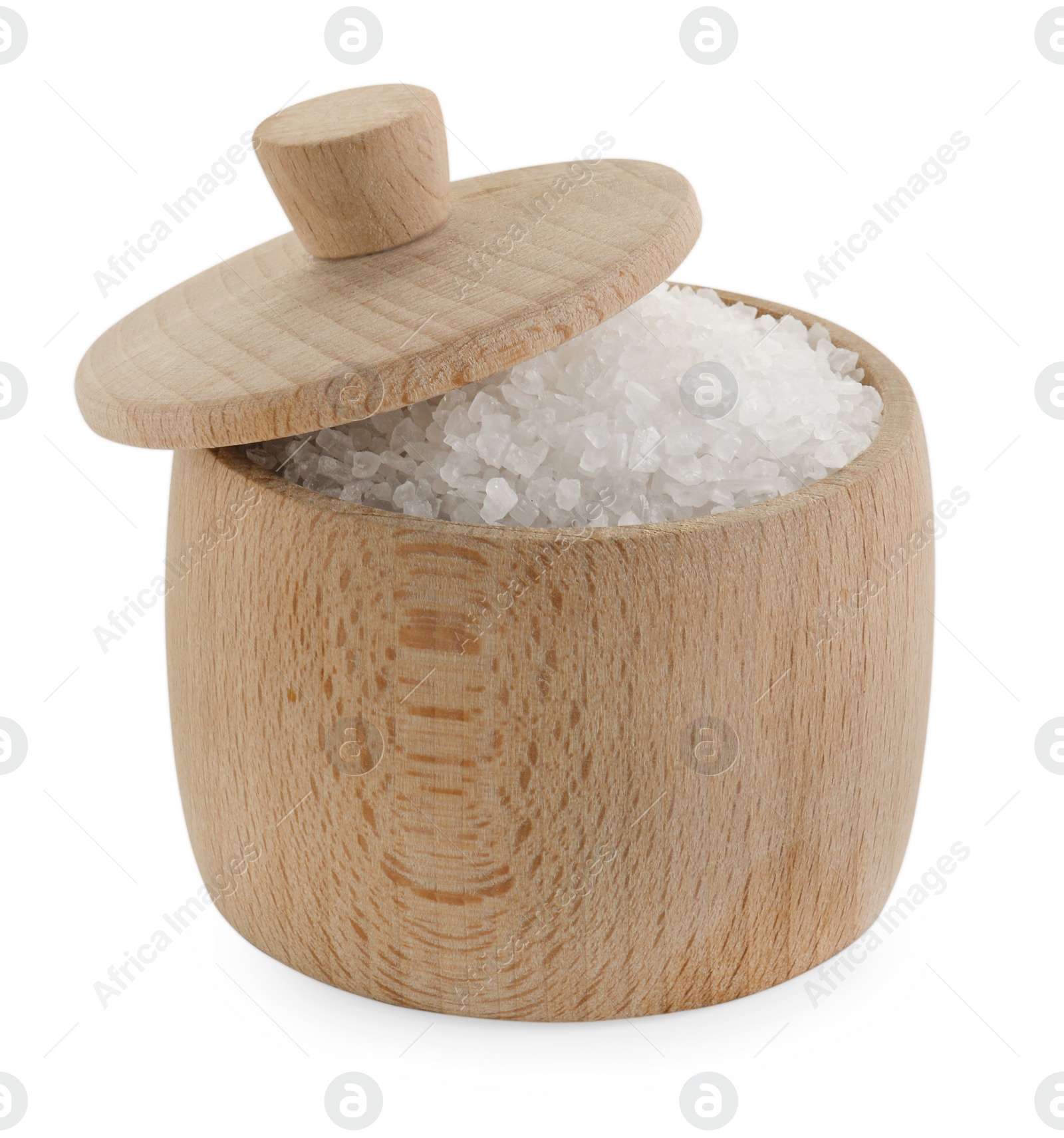 Photo of Natural salt in wooden bowl isolated on white