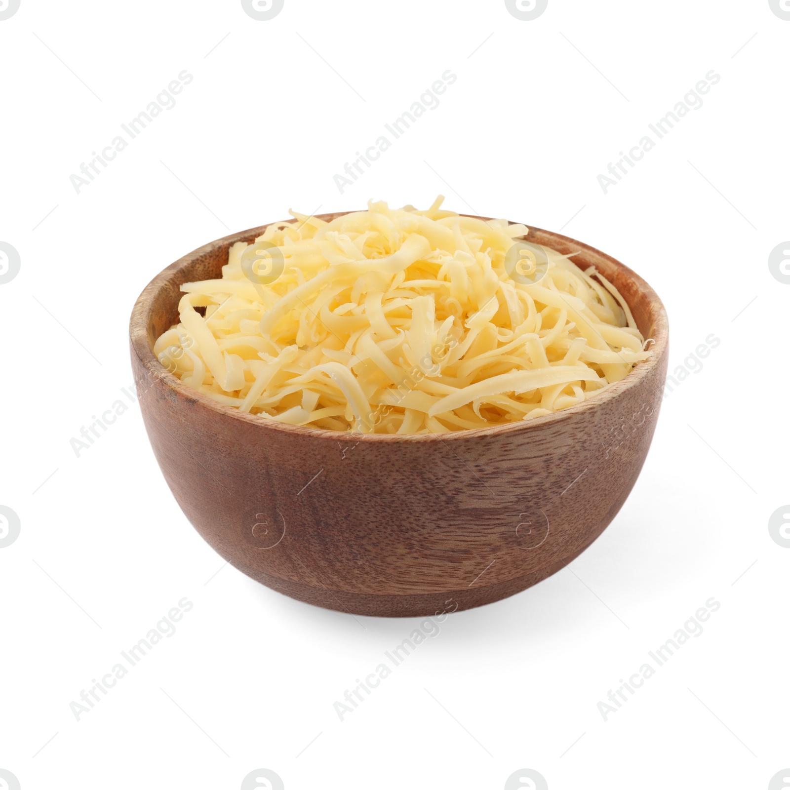 Photo of Tasty grated cheese in bowl isolated on white