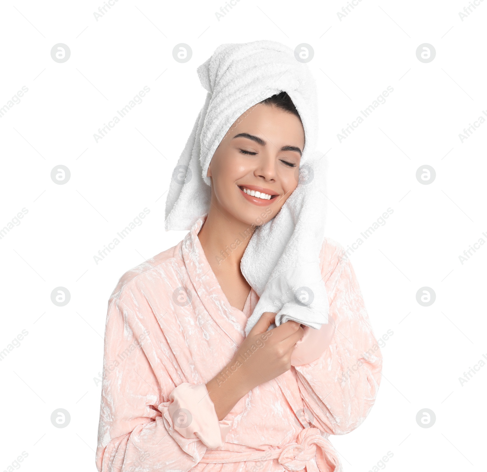 Photo of Young woman wiping face with towel on white background