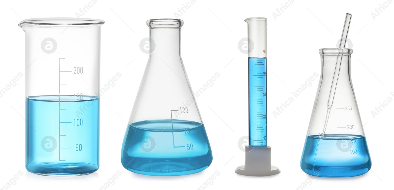 Image of Set of laboratory glassware with blue liquid on white background. Banner design