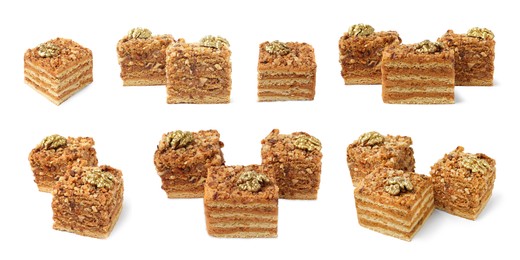 Image of Set with pieces of tasty cake isolated on white