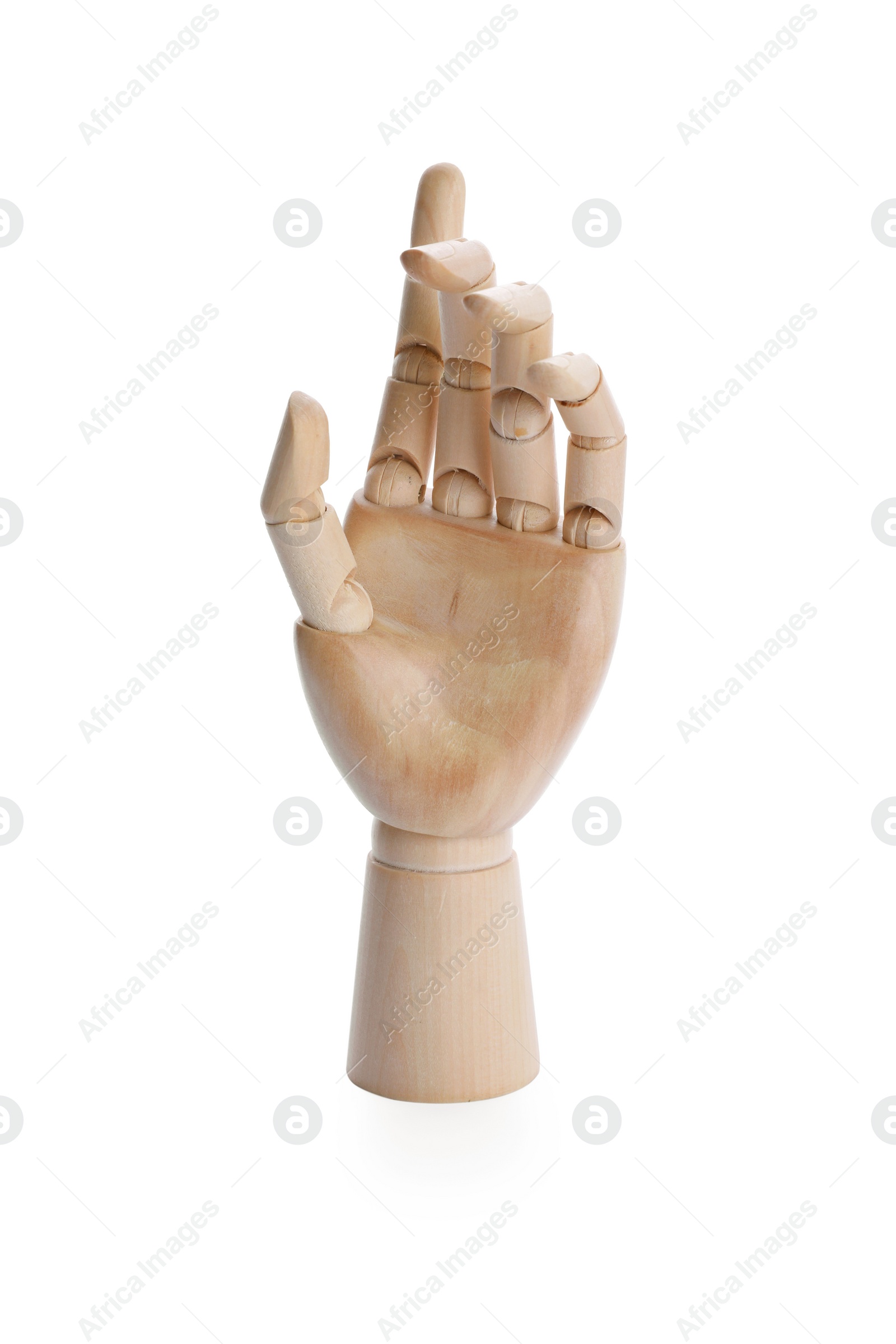 Photo of Wooden hand model on white background. Mannequin part