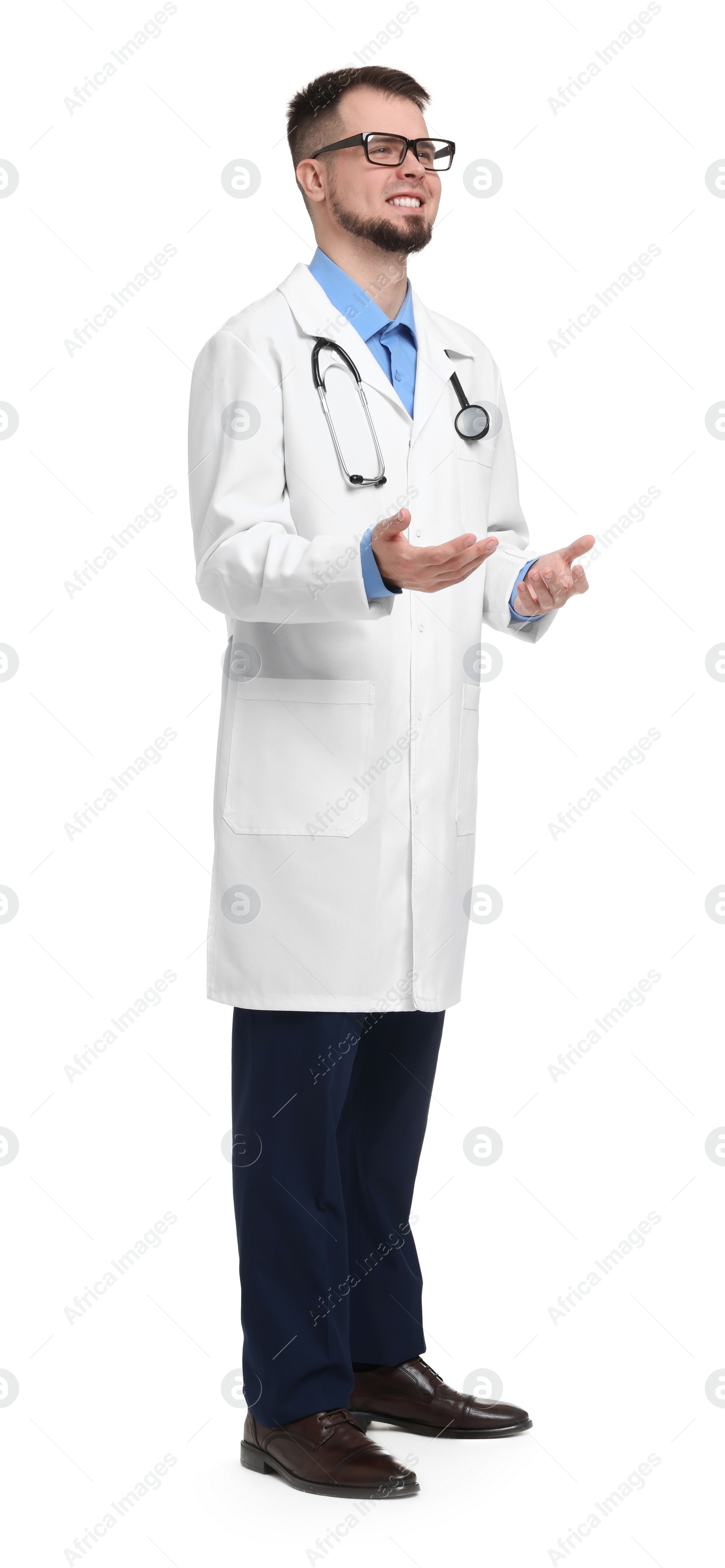 Photo of Doctor with glasses and stethoscope on white background