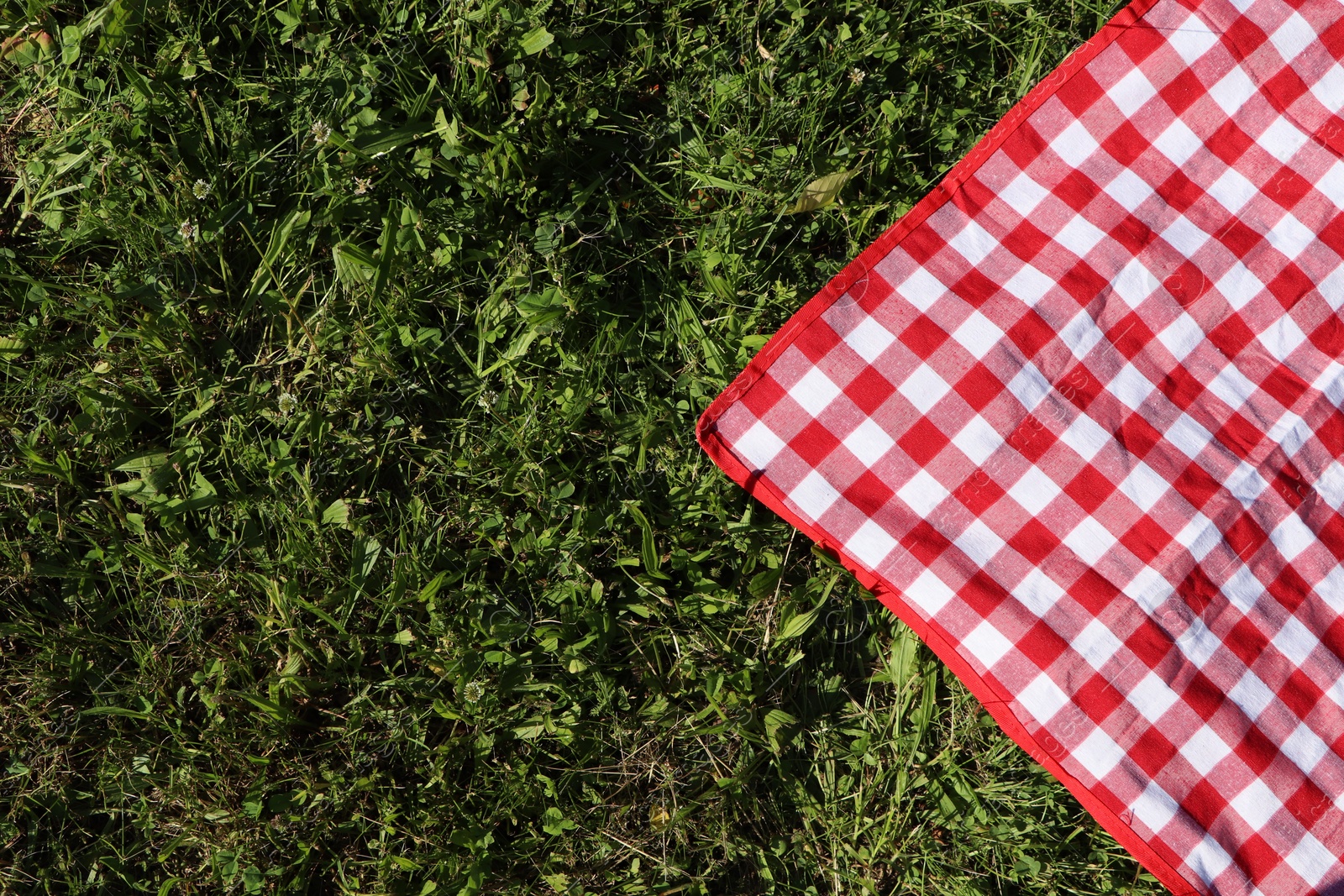 Photo of Checkered picnic tablecloth on fresh green grass, top view. Space for text