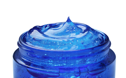 Photo of Jar of transparent cosmetic gel on light background, closeup