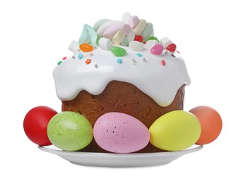 Traditional Easter cake with sprinkles, jelly beans, marshmallows and painted eggs isolated on white