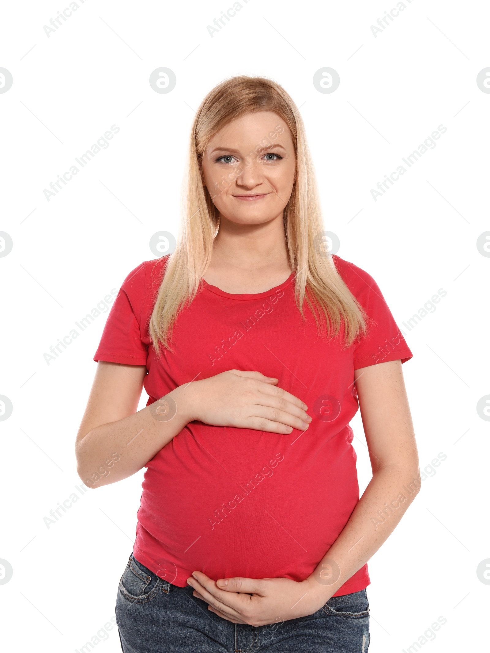 Photo of Young beautiful pregnant woman on white background